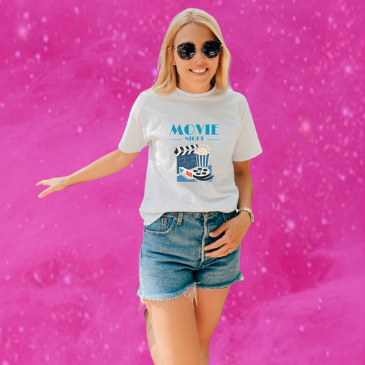 Get Cozy and Stylish with Women's "Movie Night" Printed White T-Shirt