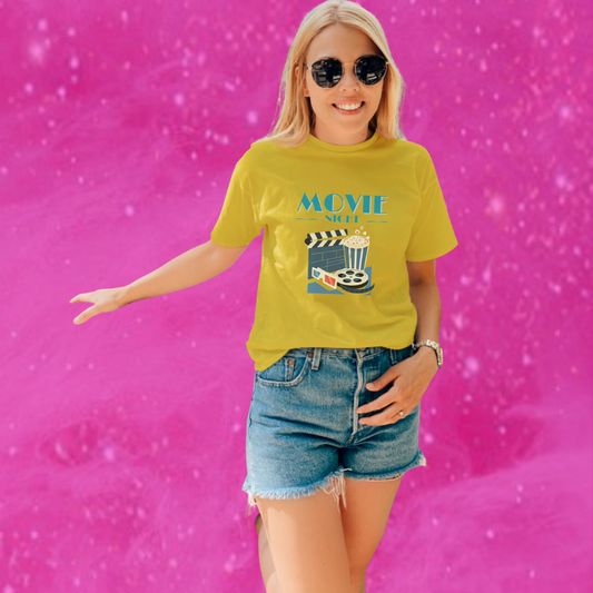 Get Cozy and Stylish with Women's "Movie Night" Printed Yellow T-Shirt