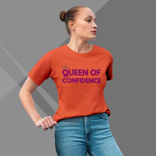 "Exude Confidence: 'Queen of Confidence' Printed Orange T-Shirt"