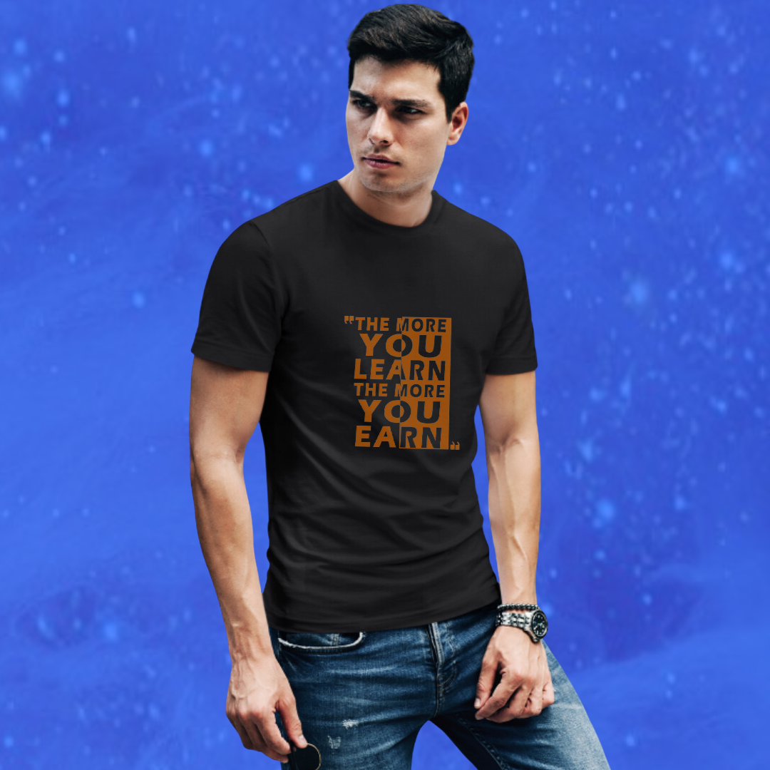 Men's "The More You Learn The More Your Earn" Printed Black T-shirt