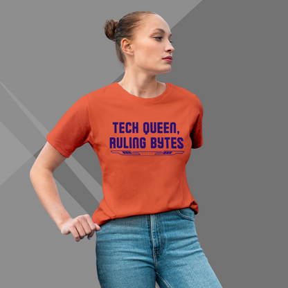 "Rule the Tech World: 'Tech Queen Ruling Bytes' Printed Orange T-Shirt for Women"