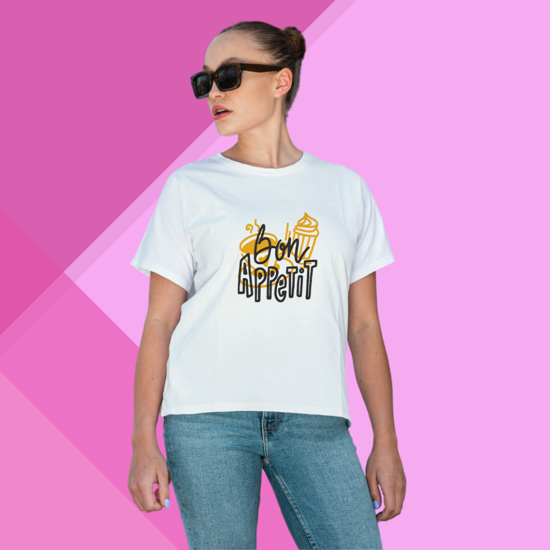 "Add a Touch of French Charm with This Women's 'Bon Appetit' Printed White T-Shirt"