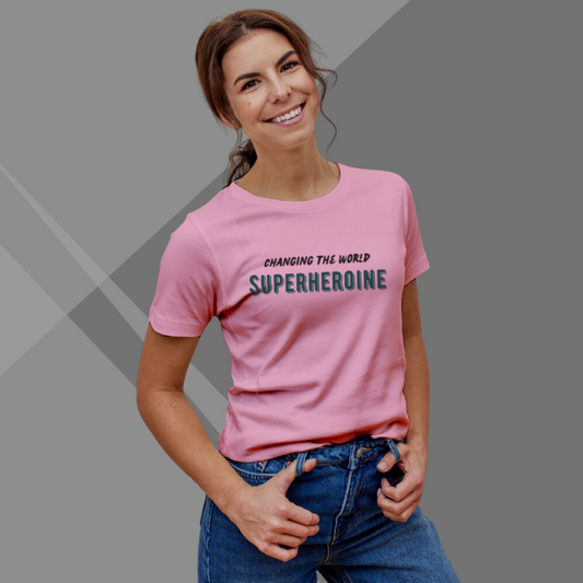 "Empowered to Change the World: 'SUPERHEROINE' Printed Pink T-Shirt for Women"