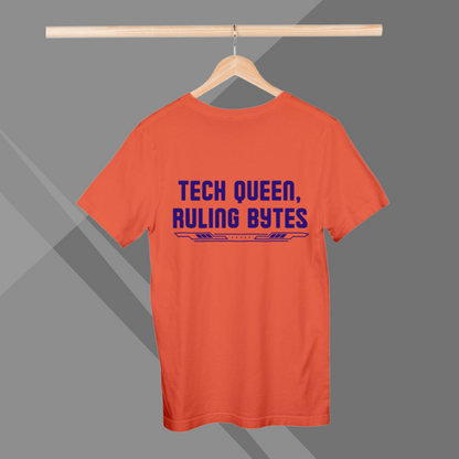 "Rule the Tech World: 'Tech Queen Ruling Bytes' Printed Orange T-Shirt for Women"