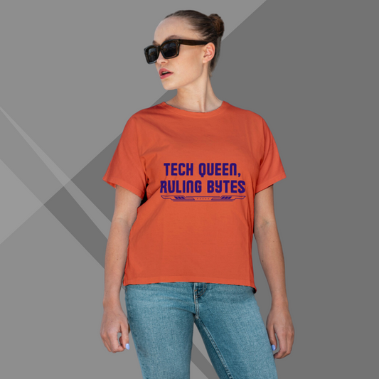 "Rule the Tech World: 'Tech Queen Ruling Bytes' Printed Orange T-Shirt for Women"