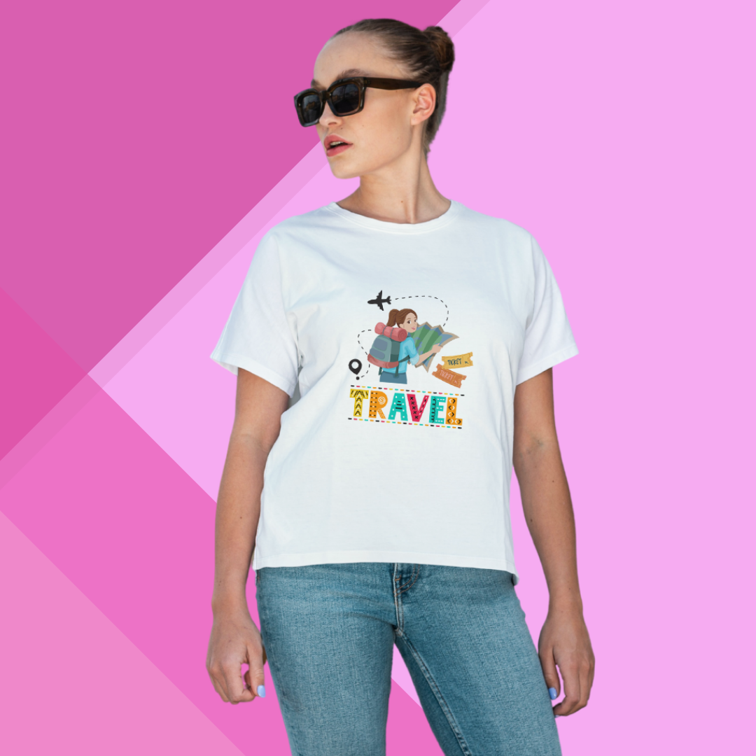 "Wanderlust in Style with 'Travel' Printed Women's White T-Shirt"