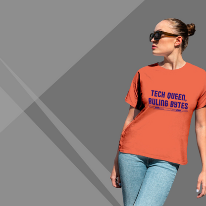 "Rule the Tech World: 'Tech Queen Ruling Bytes' Printed Orange T-Shirt for Women"