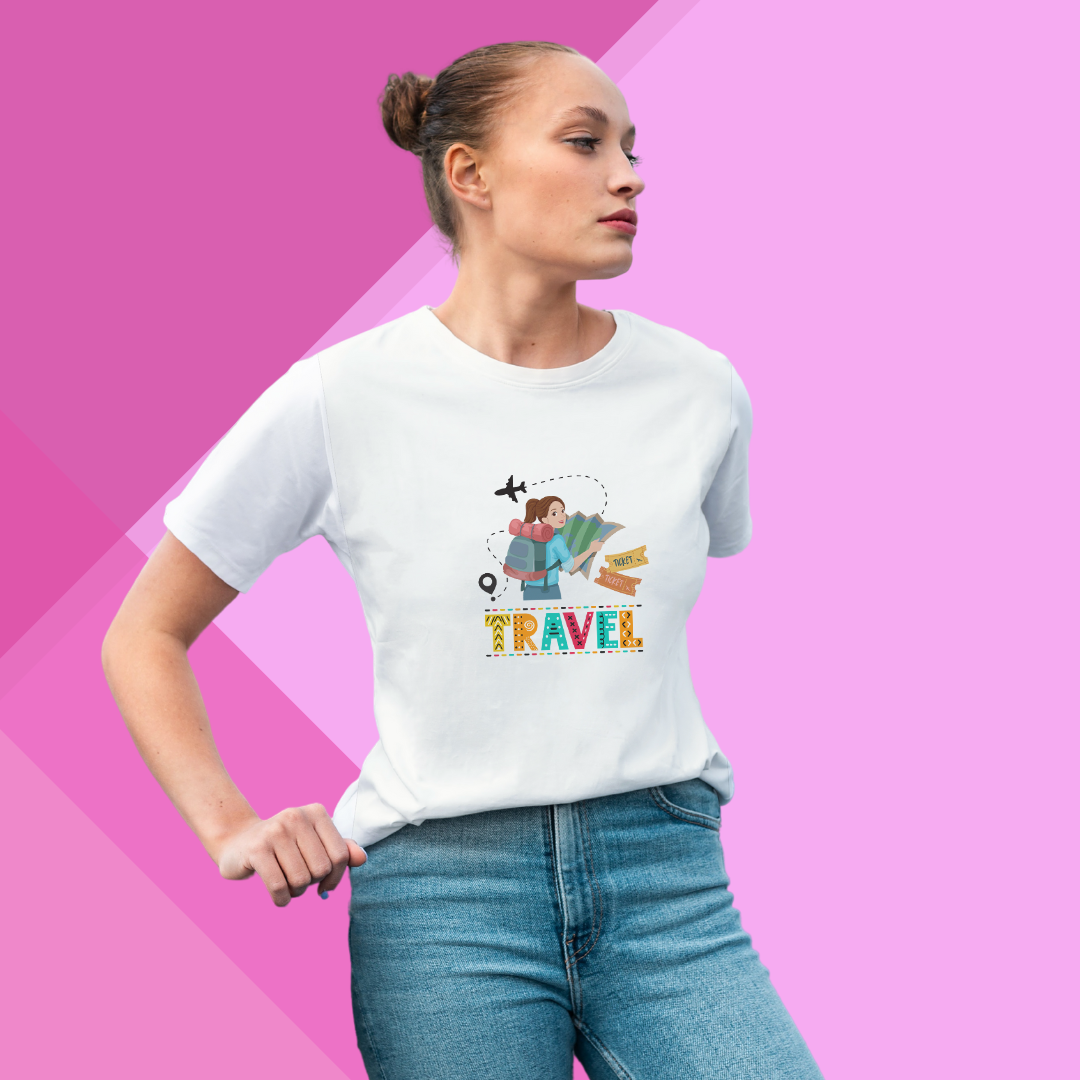 "Wanderlust in Style with 'Travel' Printed Women's White T-Shirt"