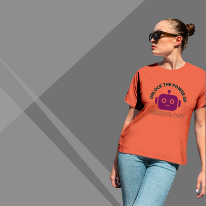 "Embrace Tech Mastery: 'Unlock The Power of Technology' Robot Printed Orange T-Shirt for Women"