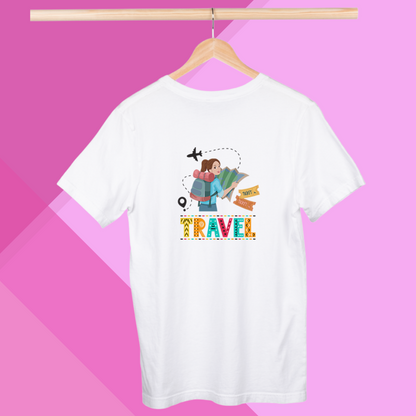 "Wanderlust in Style with 'Travel' Printed Women's White T-Shirt"