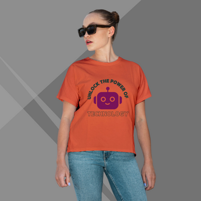 "Embrace Tech Mastery: 'Unlock The Power of Technology' Robot Printed Orange T-Shirt for Women"