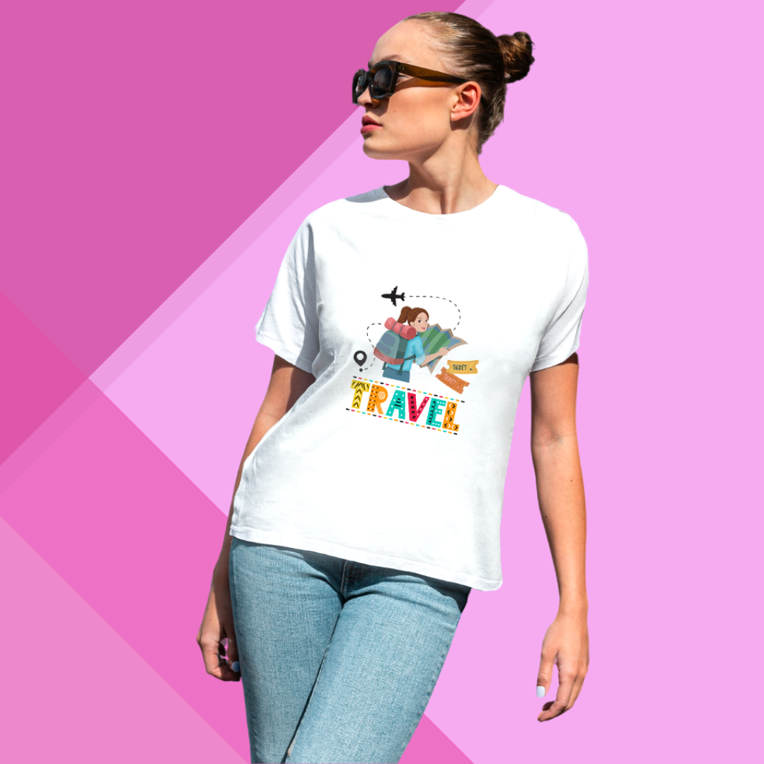 "Wanderlust in Style with 'Travel' Printed Women's White T-Shirt"