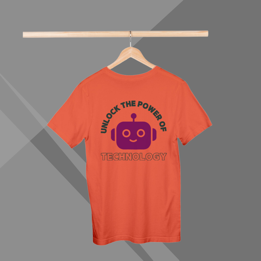 "Embrace Tech Mastery: 'Unlock The Power of Technology' Robot Printed Orange T-Shirt for Women"