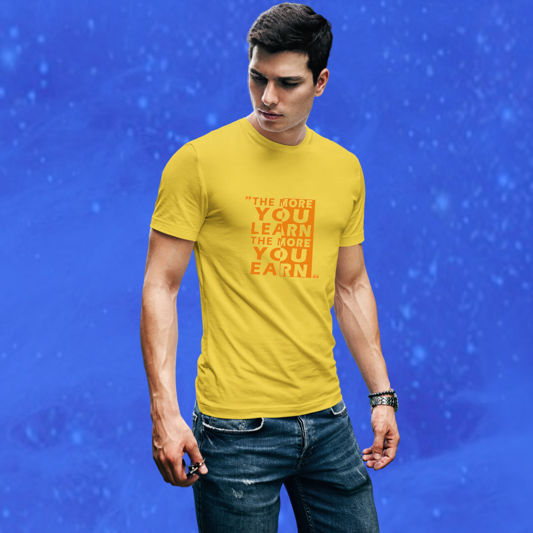 Men's "The More You Learn The More Your Earn" Printed Yellow T-shirt