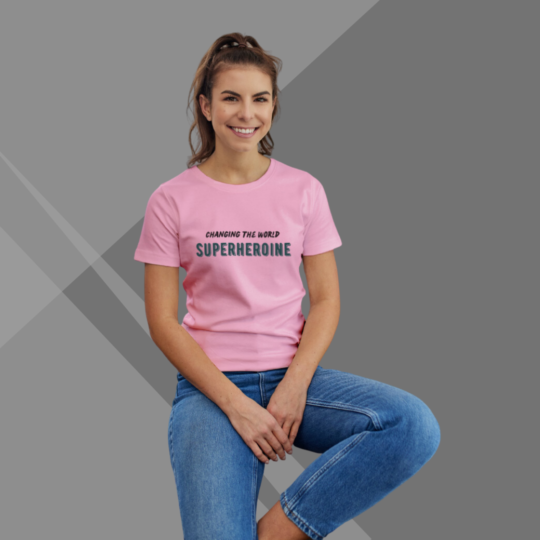 "Empowered to Change the World: 'SUPERHEROINE' Printed Pink T-Shirt for Women"