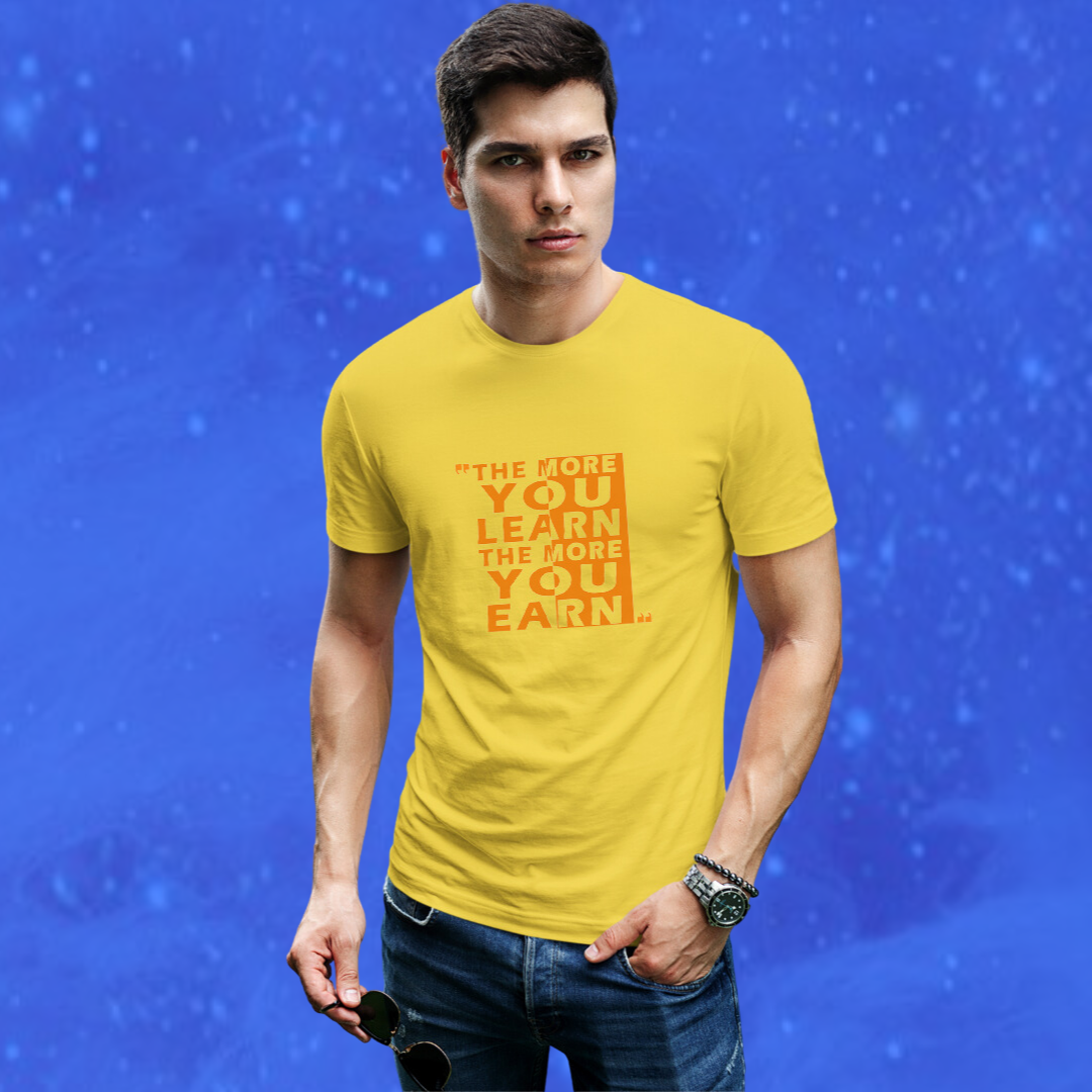 Men's "The More You Learn The More Your Earn" Printed Yellow T-shirt