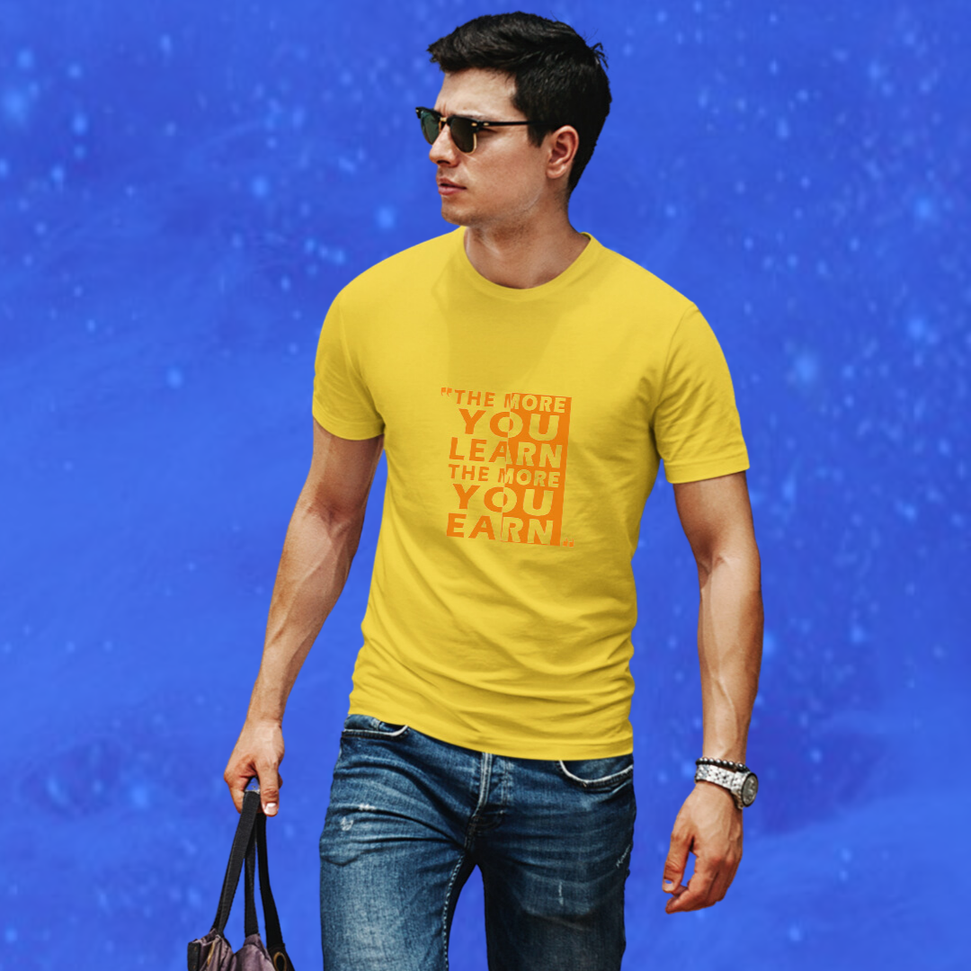 Men's "The More You Learn The More Your Earn" Printed Yellow T-shirt