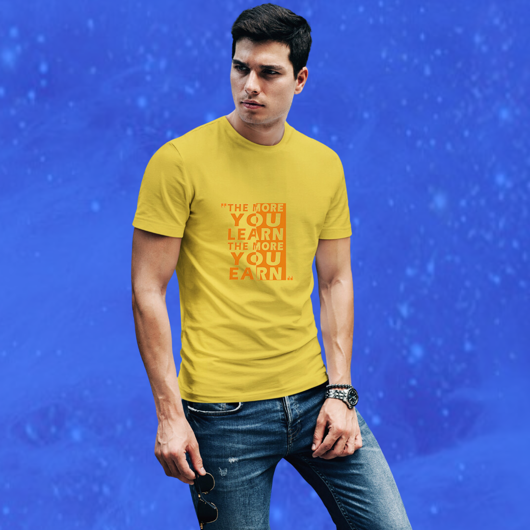 Men's "The More You Learn The More Your Earn" Printed Yellow T-shirt