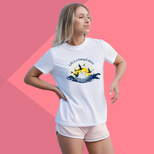 Women's "Tranquil Shore" Printed White T-Shirt - Embrace Serenity