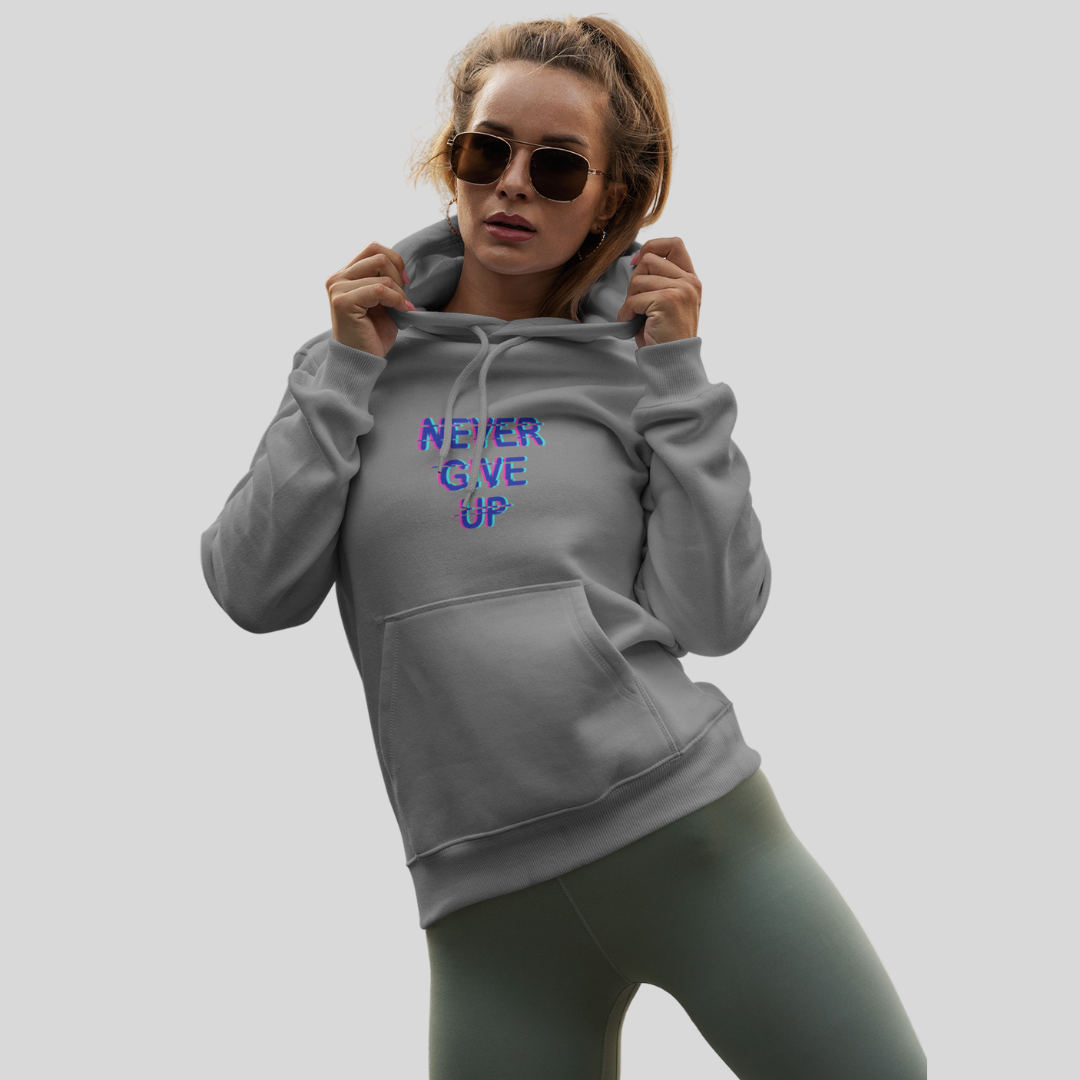 Stay Motivated with the "Never Give Up" Printed Grey Hoodie for Women