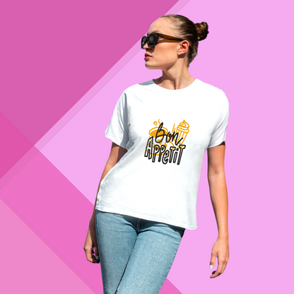 "Add a Touch of French Charm with This Women's 'Bon Appetit' Printed White T-Shirt"