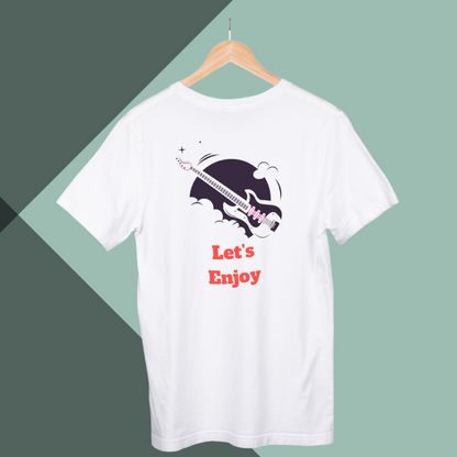 Rock Out with Our "Let's Enjoy" Guitar Printed Men's White T-Shirt