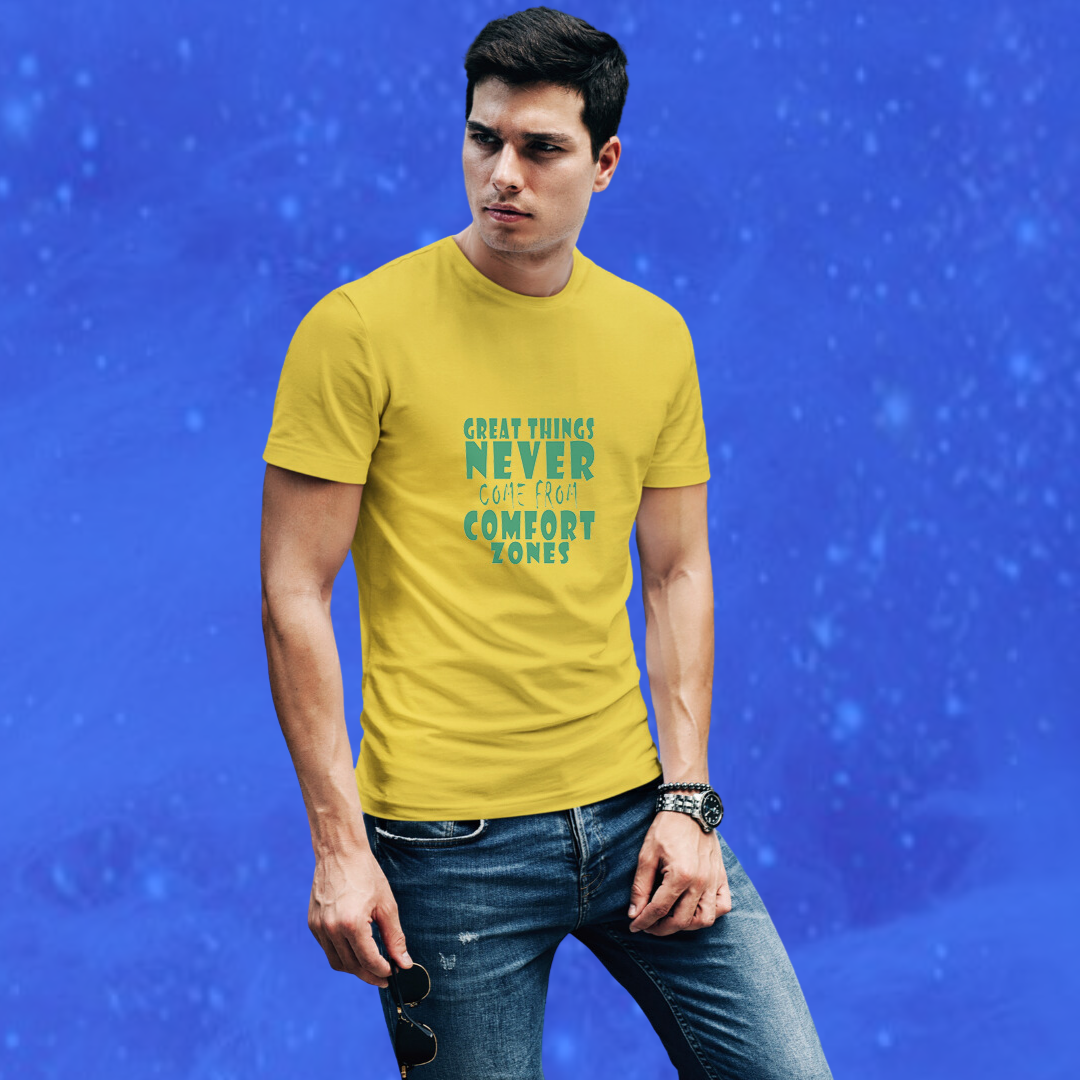 "Step Out of Your Comfort Zone with Our Great Things Never Come From Comfort Men's Printed Yellow T-Shirt"