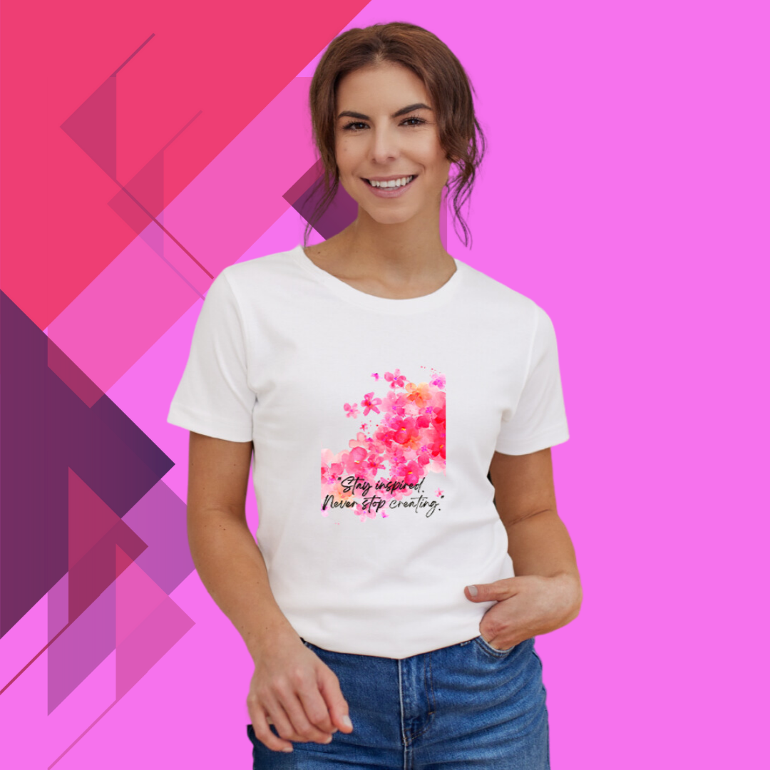 "Stay Inspired and Radiate Positivity with Our 'Stay Inspired' Women's Printed White T-shirt"