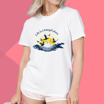 Women's "Tranquil Shore" Printed White T-Shirt - Embrace Serenity