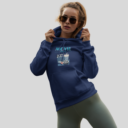 Cozy up with the Women's "Movie Night" Printed Blue Hoodie