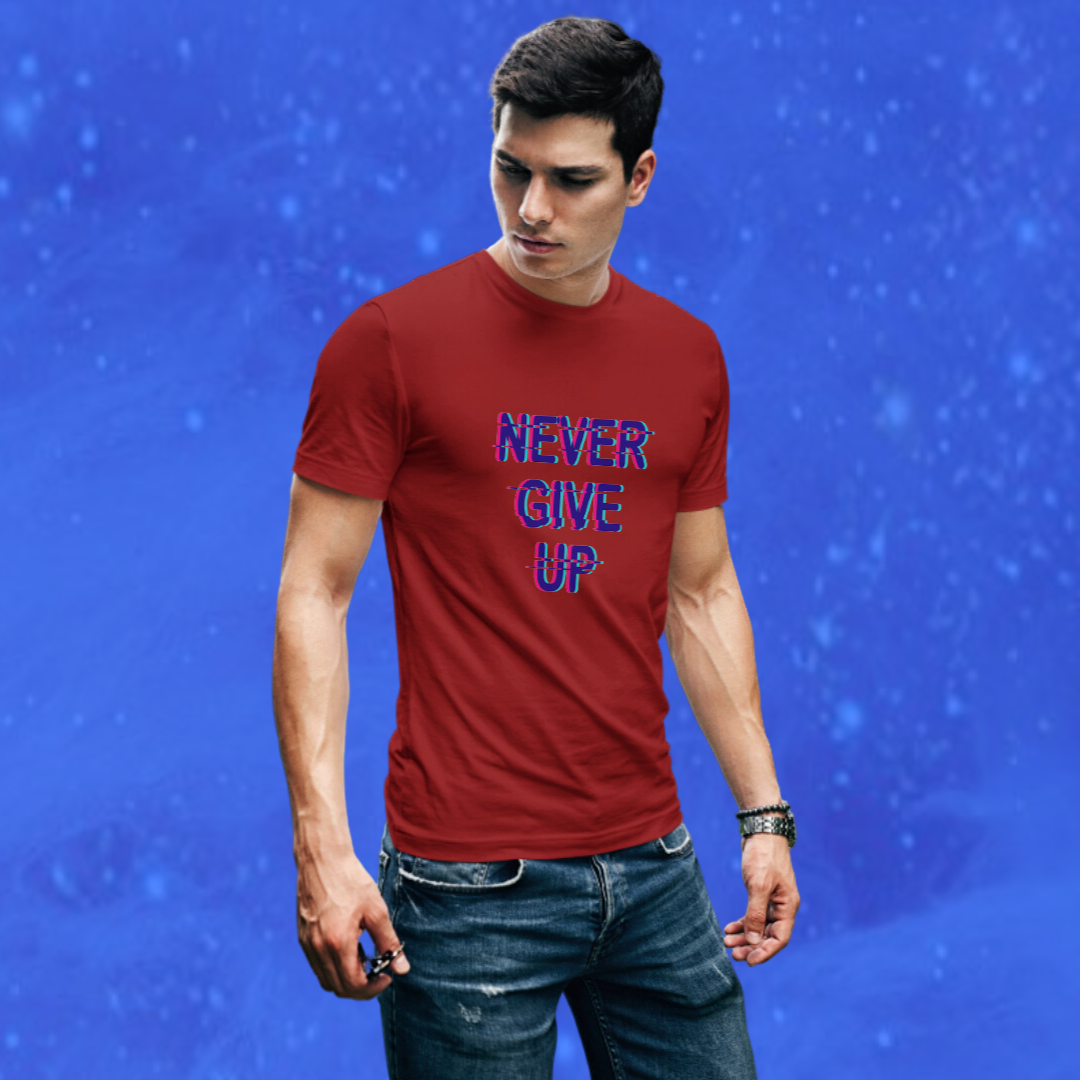 Stay Motivated with the "Never Give Up" Printed Men's Maroon T-shirt!