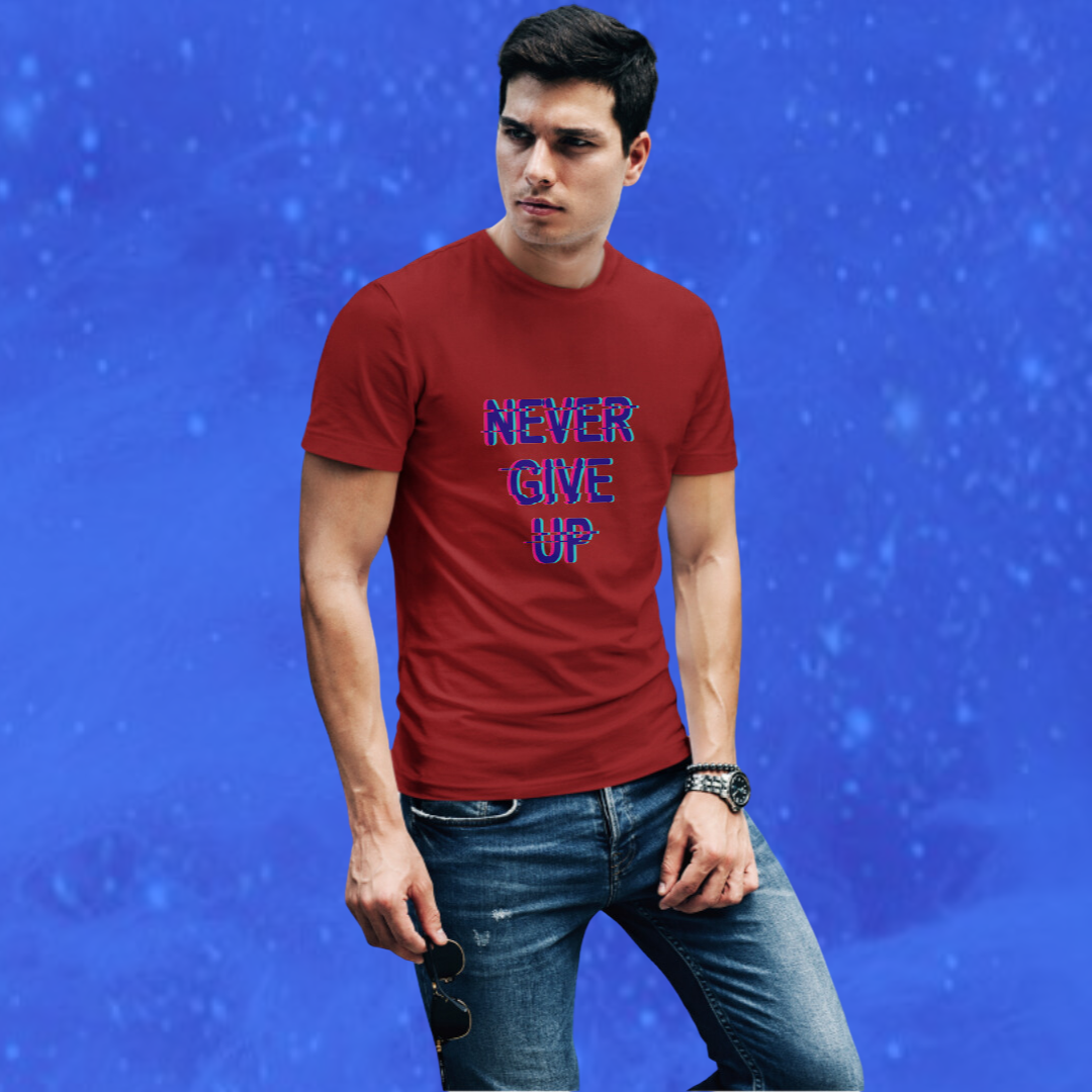 Stay Motivated with the "Never Give Up" Printed Men's Maroon T-shirt!