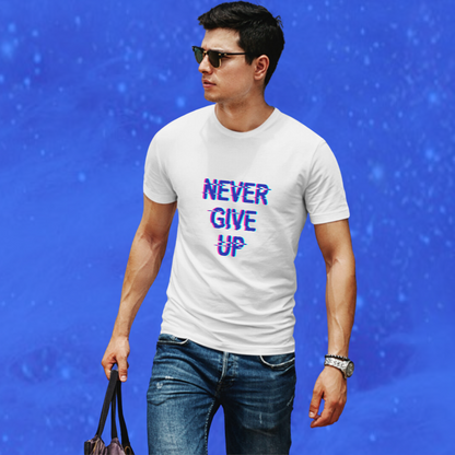 Stay Motivated with the "Never Give Up" Printed Men's White T-shirt!