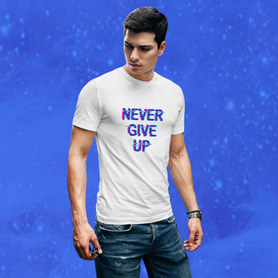 Stay Motivated with the "Never Give Up" Printed Men's White T-shirt!