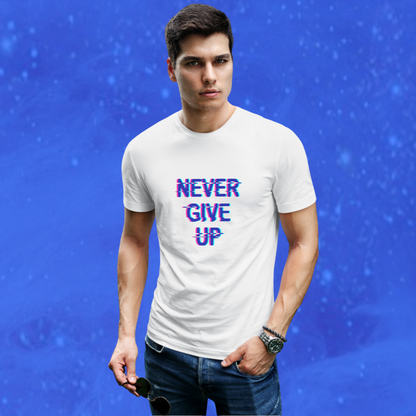 Stay Motivated with the "Never Give Up" Printed Men's White T-shirt!