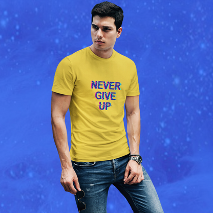 Stay Motivated with the "Never Give Up" Printed Men's Yellow T-shirt!