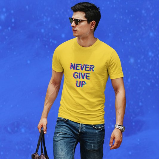 Stay Motivated with the "Never Give Up" Printed Men's Yellow T-shirt!