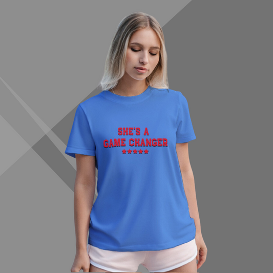 "Celebrate Female Empowerment with Women's 'She's a Game Changer' Printed Blue T-Shirt"