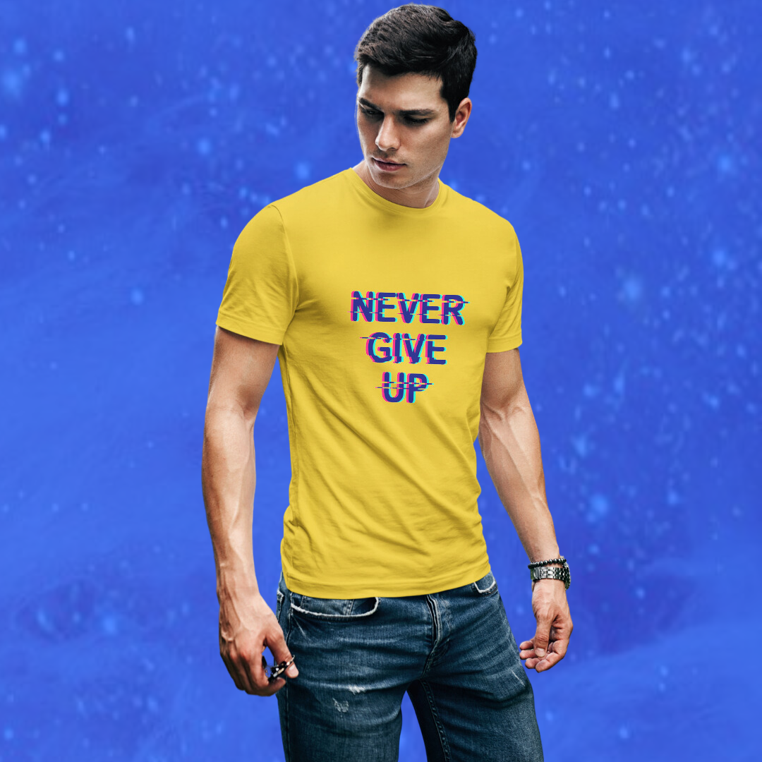 Stay Motivated with the "Never Give Up" Printed Men's Yellow T-shirt!