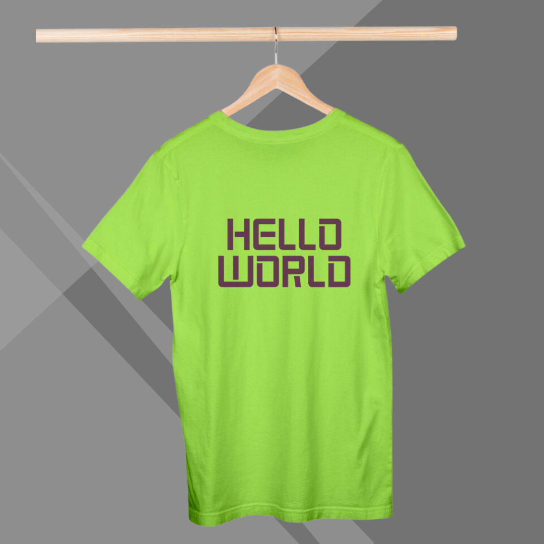 "Say 'Hello World' with this Men's Printed Green T-Shirt!"