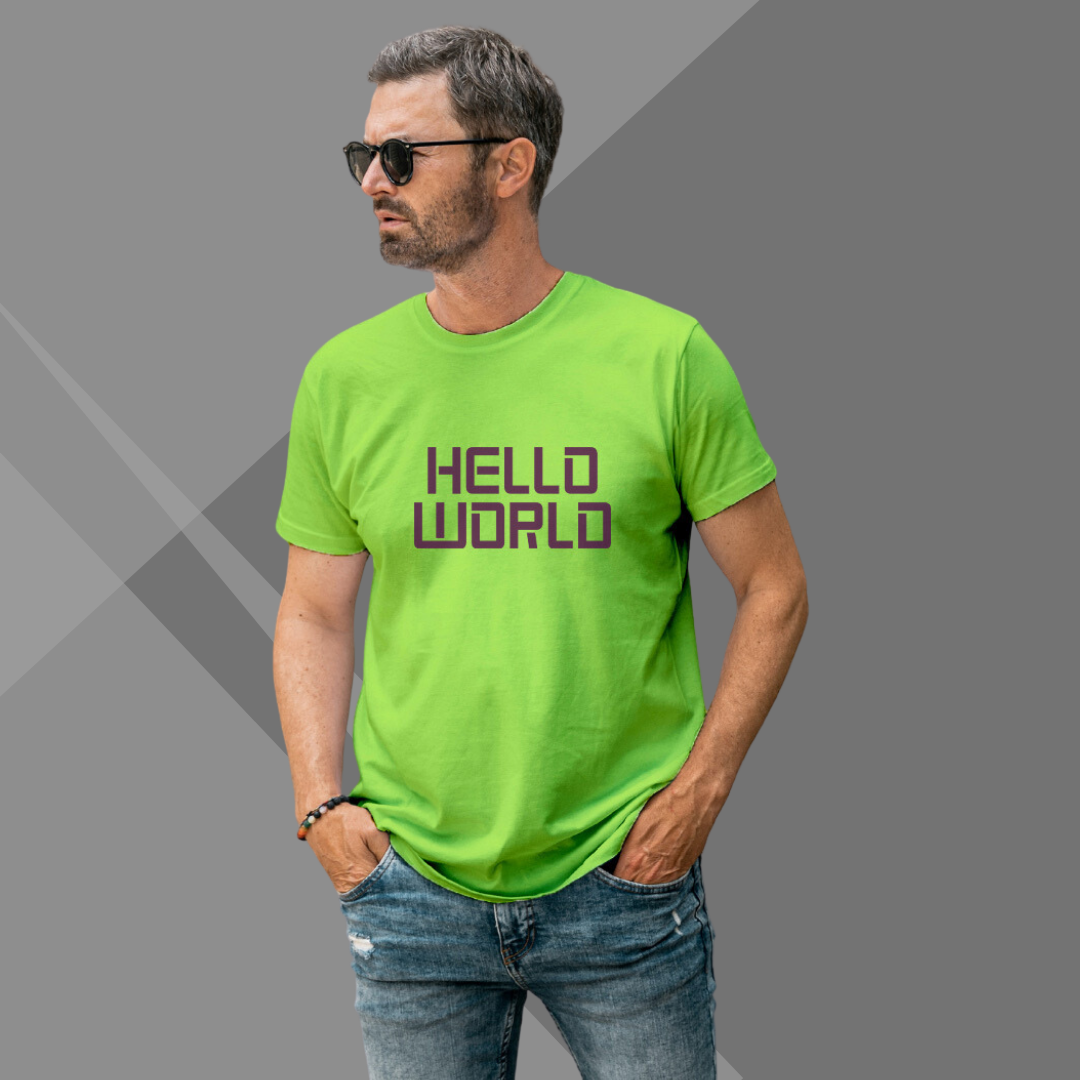 "Say 'Hello World' with this Men's Printed Green T-Shirt!"