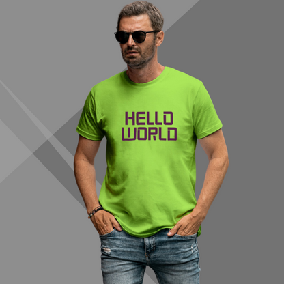 "Say 'Hello World' with this Men's Printed Green T-Shirt!"