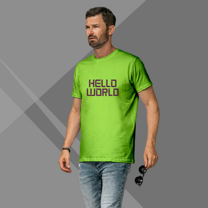 "Say 'Hello World' with this Men's Printed Green T-Shirt!"