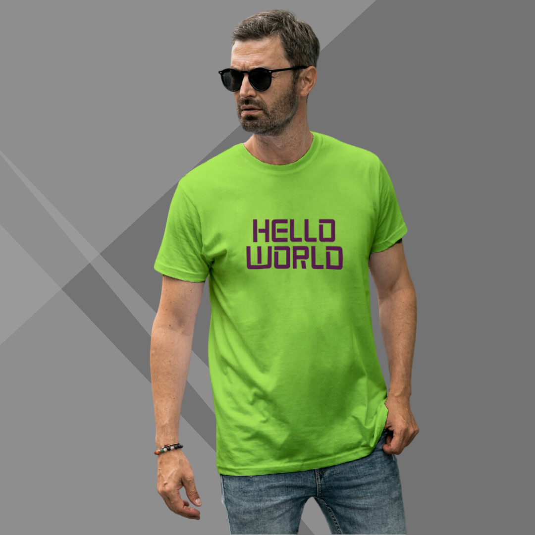 "Say 'Hello World' with this Men's Printed Green T-Shirt!"