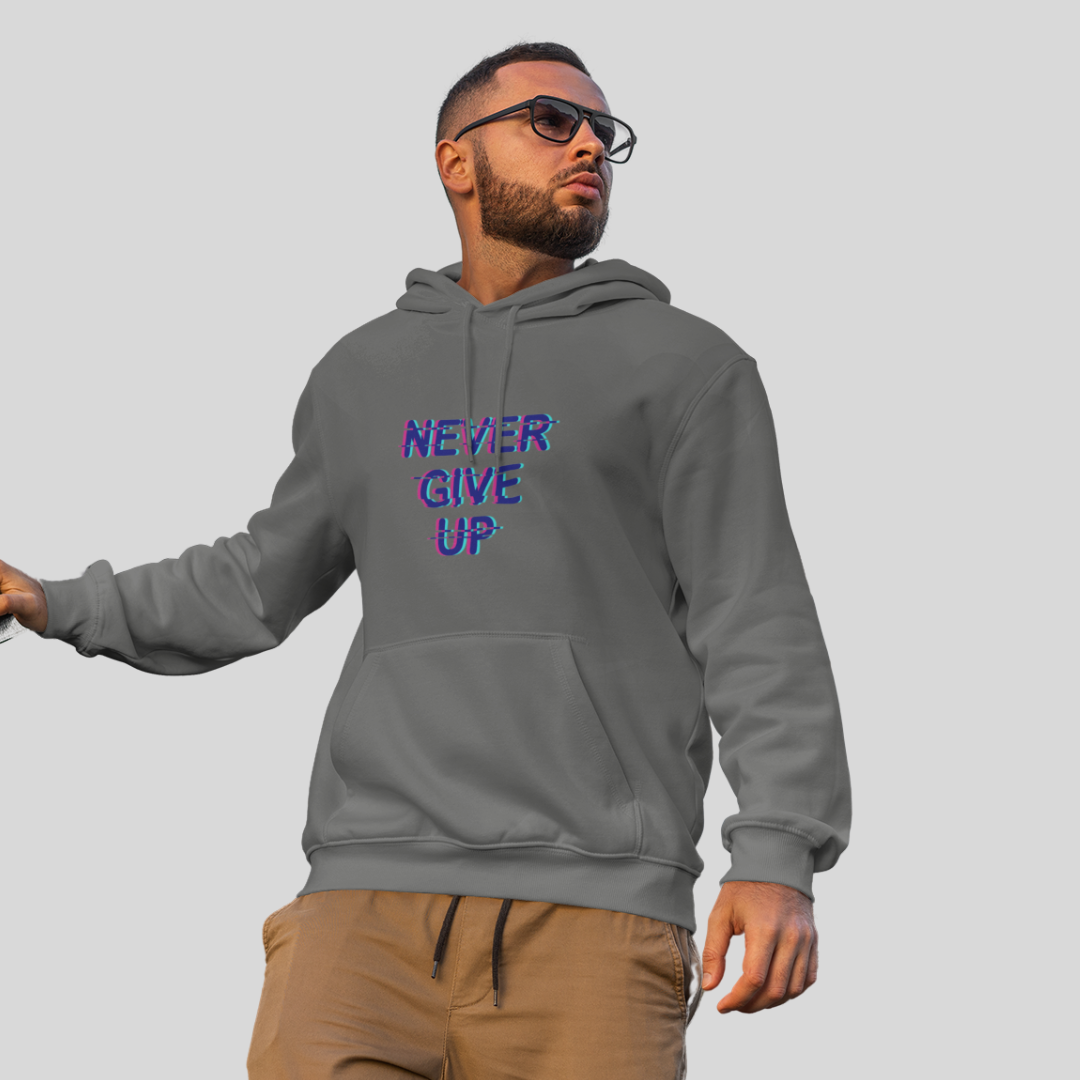 Stay Motivated with the "Never Give Up" Printed Men's Grey Hoodie!