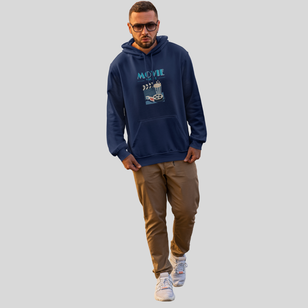 Get Ready for a Cozy Night with Men's "Movie Night" Printed Blue Hoodie!