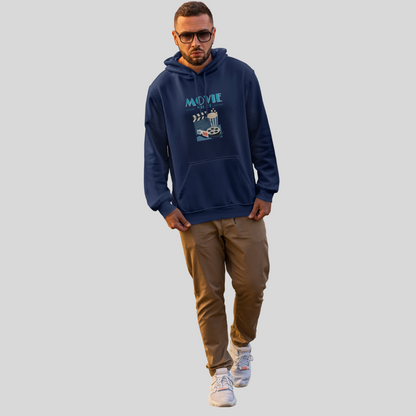 Get Ready for a Cozy Night with Men's "Movie Night" Printed Blue Hoodie!