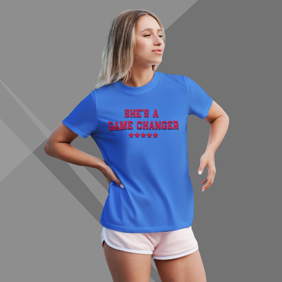 "Celebrate Female Empowerment with Women's 'She's a Game Changer' Printed Blue T-Shirt"