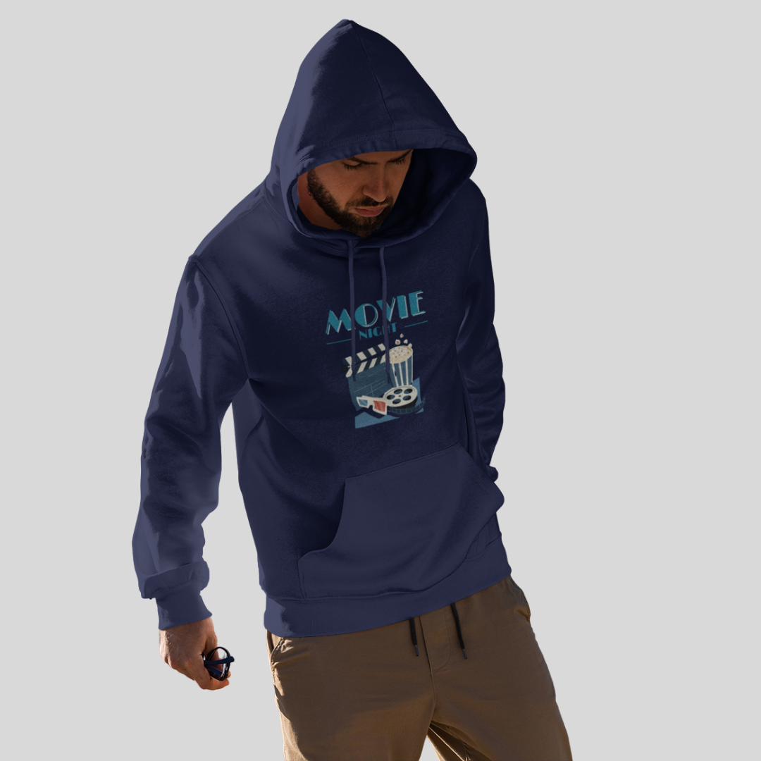 Get Ready for a Cozy Night with Men's "Movie Night" Printed Blue Hoodie!