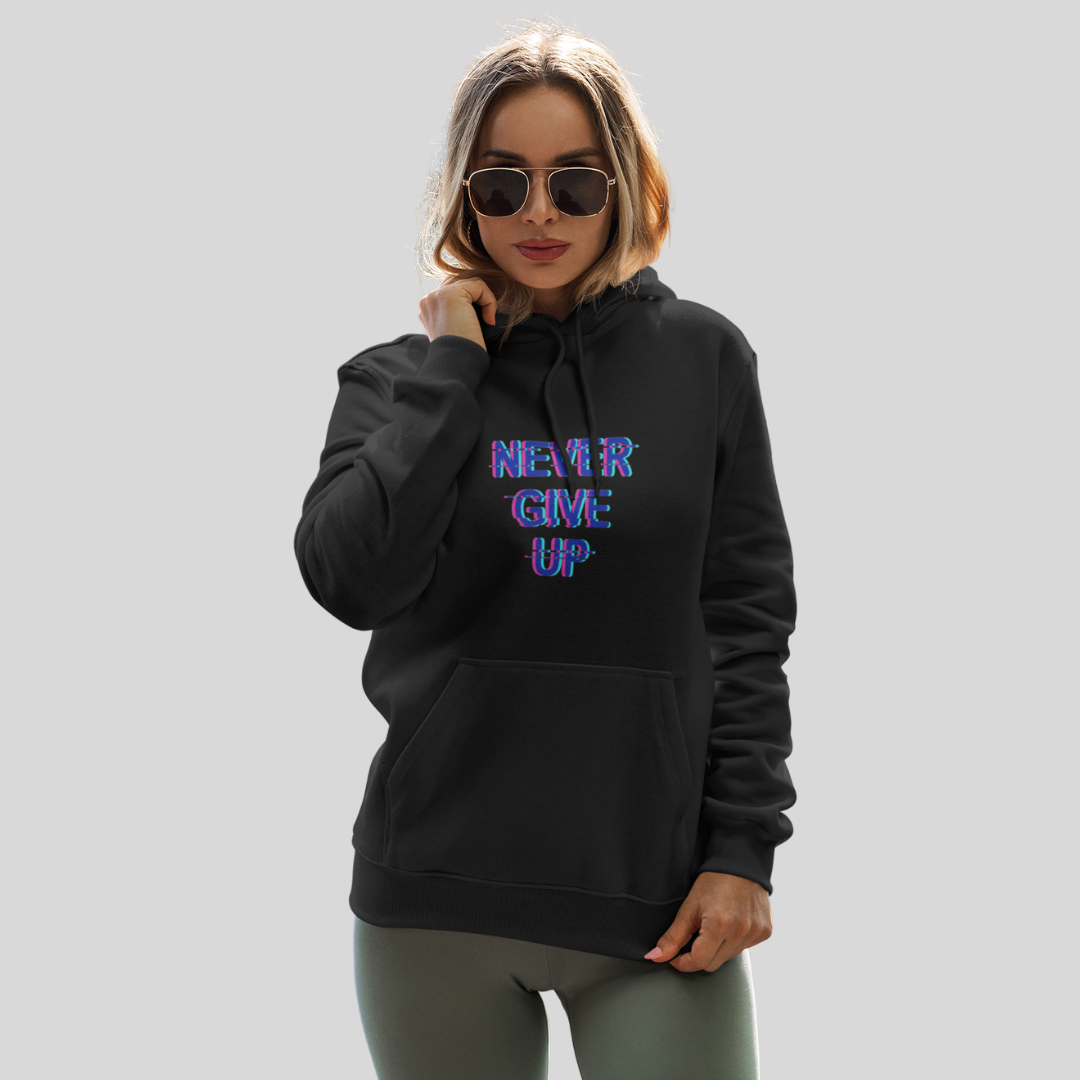 Stay Motivated with the "Never Give Up" Printed Black Hoodie for Women